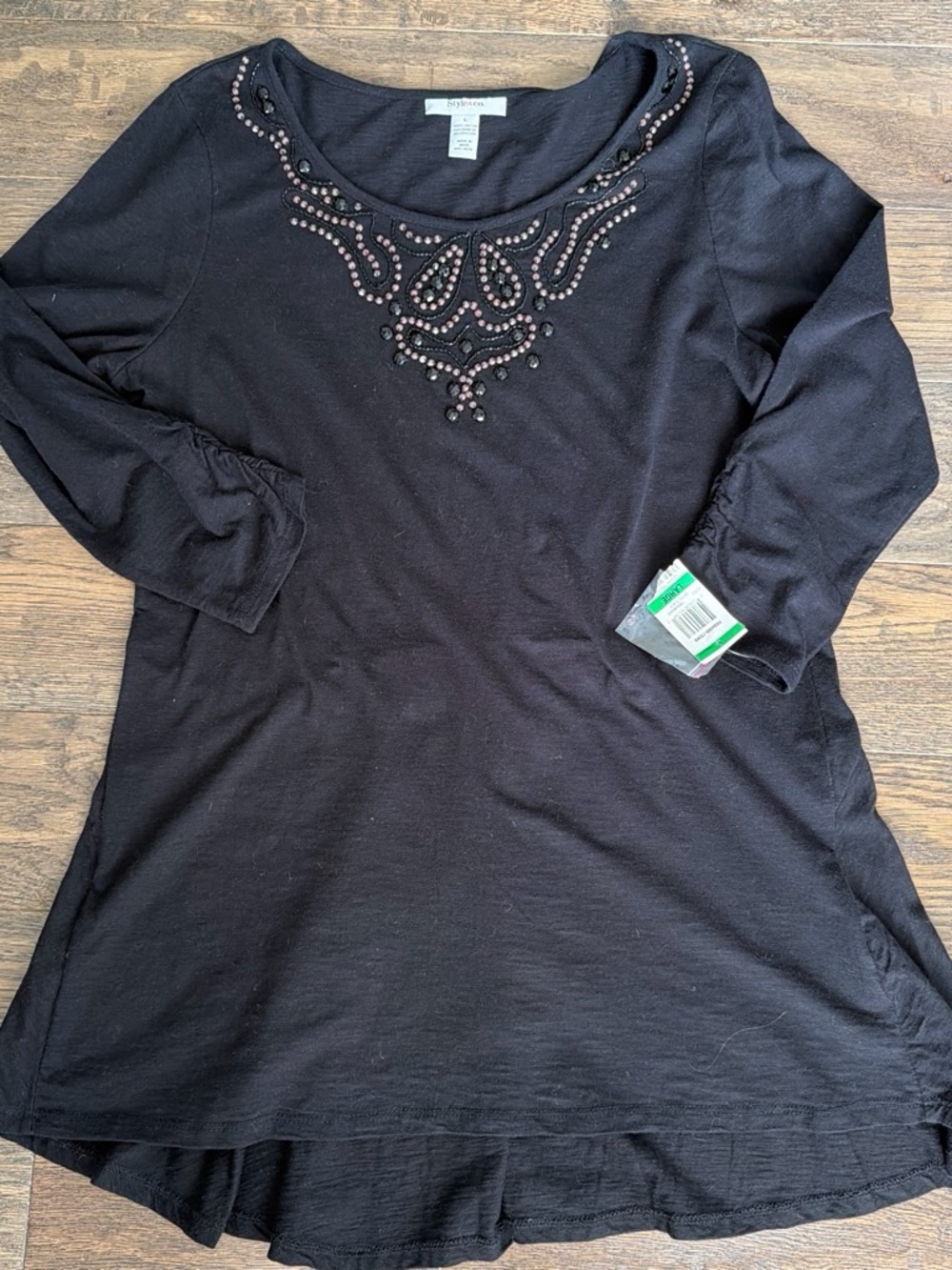 Style & Co. Black Short Sleeve Scoop Neck Embellished Top with Pink Accents